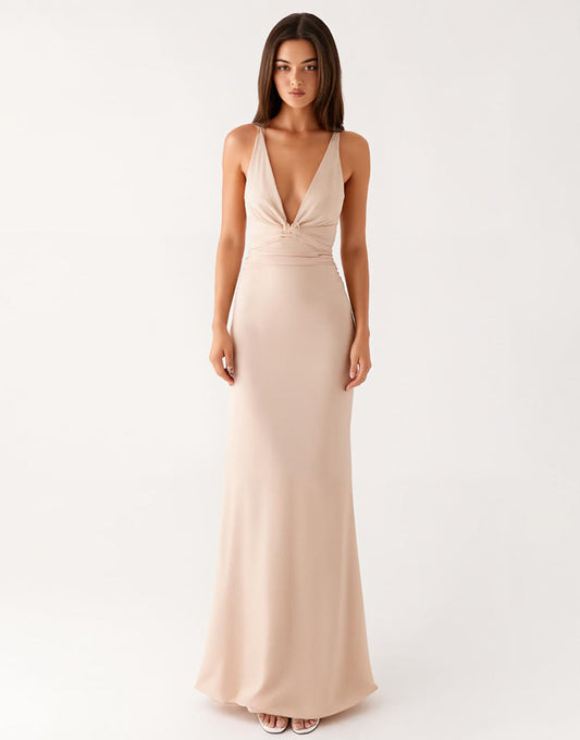 Abricot Robe Formelle Fourreau Col V Profond Fronce
