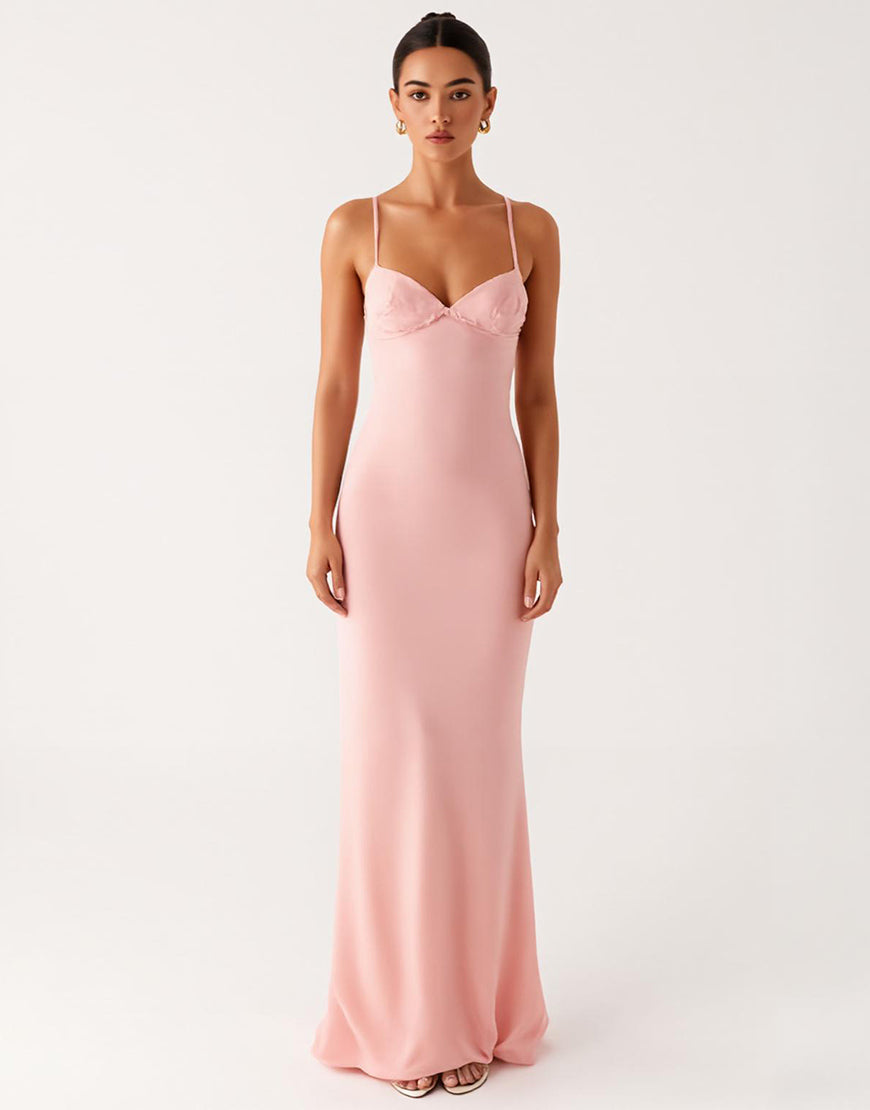 Robe formelle en mousseline de soie à bretelles spaghetti fourreau rose