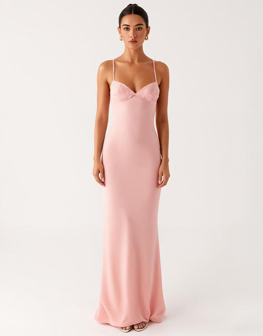 Robe formelle en mousseline de soie à bretelles spaghetti fourreau rose