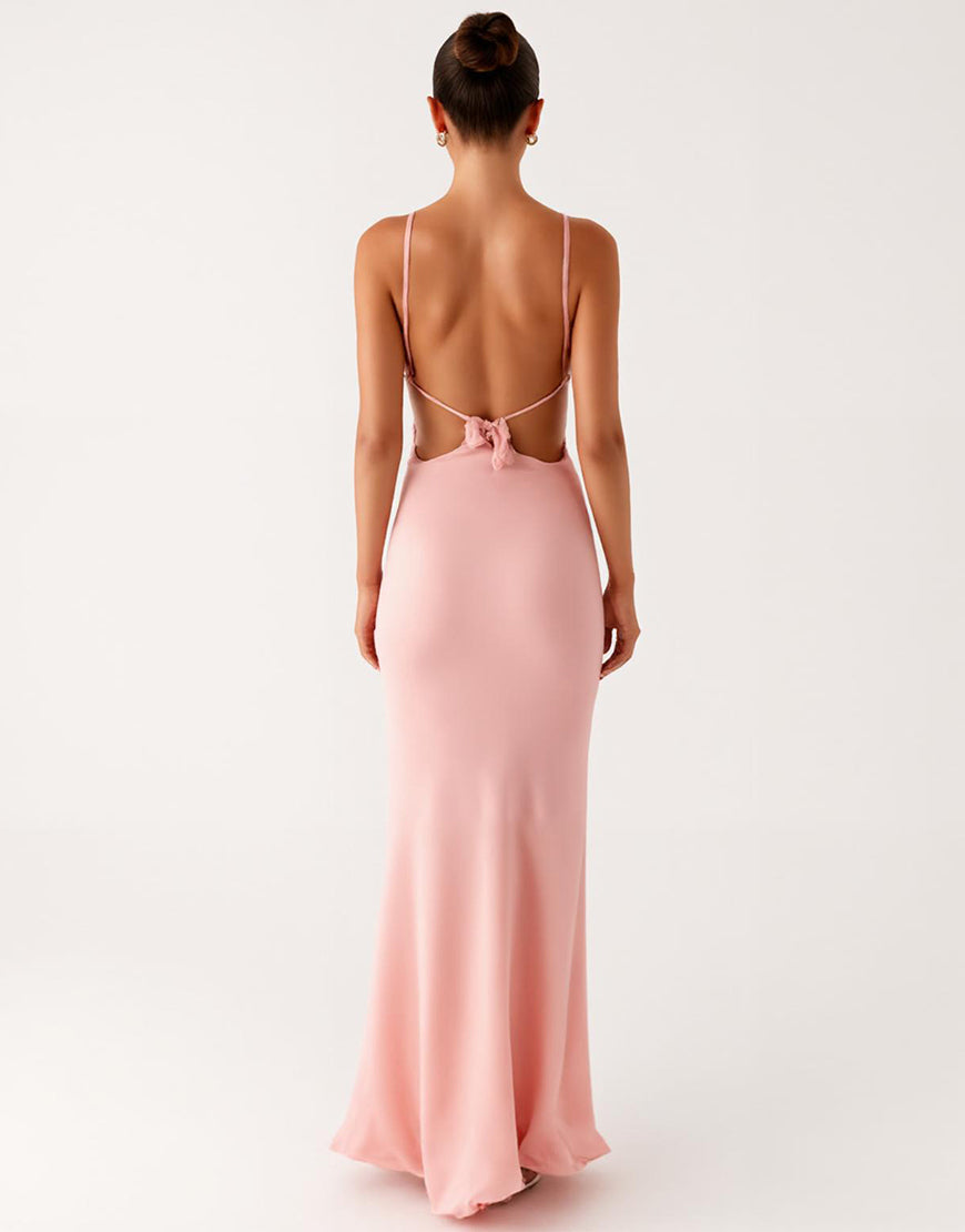Robe formelle en mousseline de soie à bretelles spaghetti fourreau rose