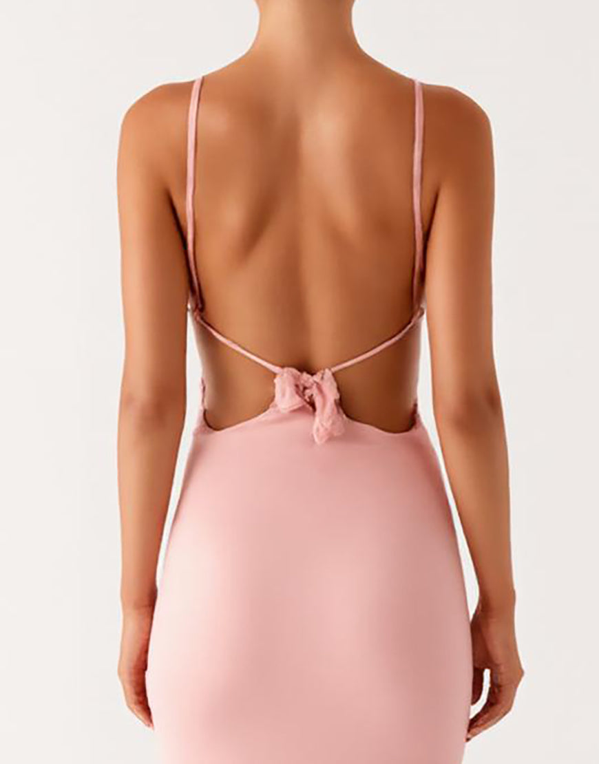 Robe formelle en mousseline de soie à bretelles spaghetti fourreau rose