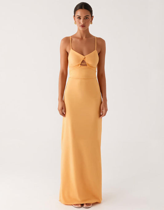 Robe formelle à bretelles spaghetti jaunes découpées