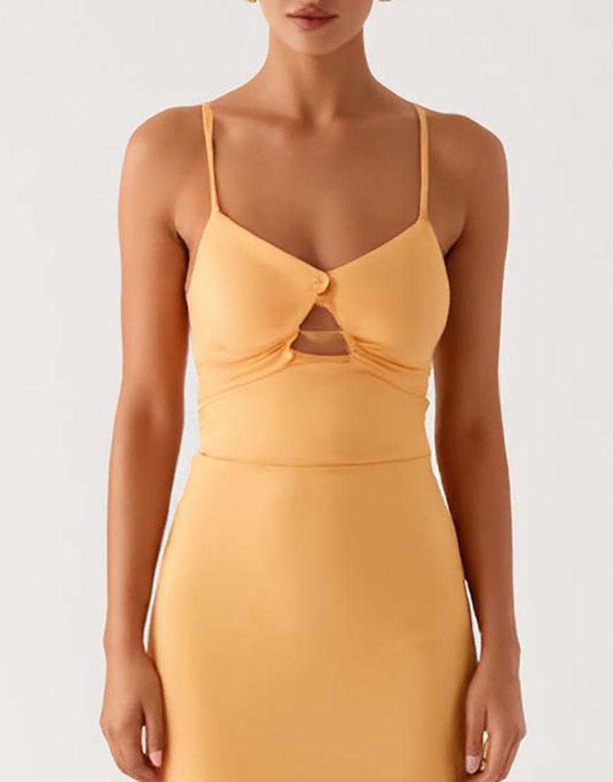 Robe formelle à bretelles spaghetti jaunes découpées