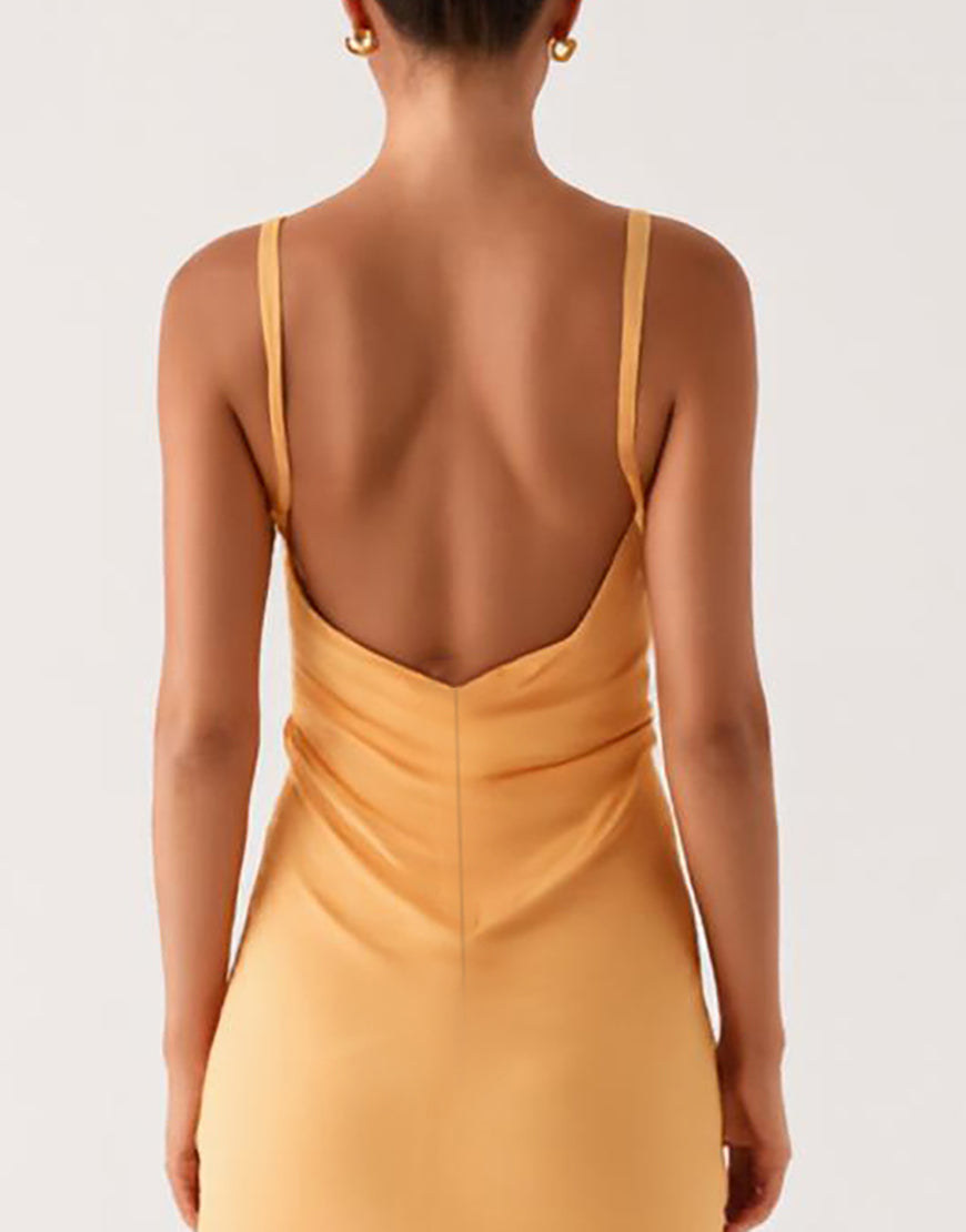 Robe formelle à bretelles spaghetti jaunes découpées