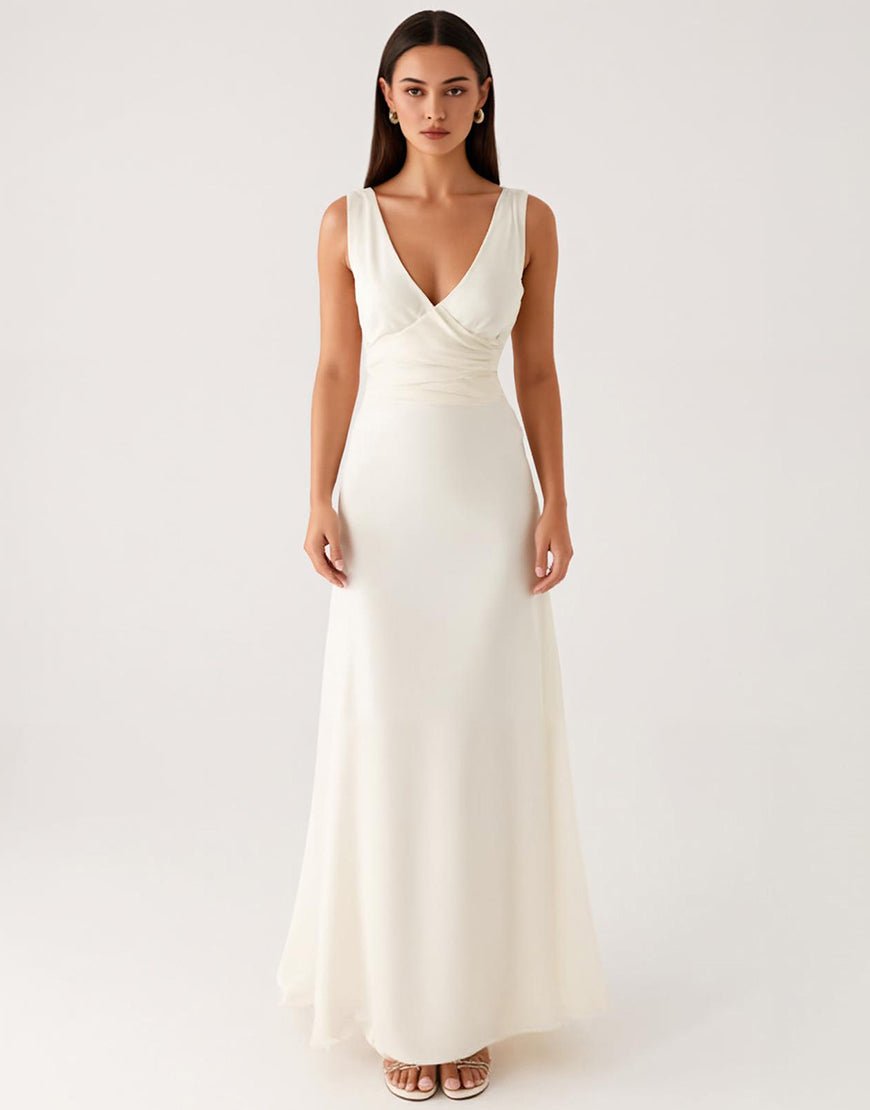 Robe formelle gaine dos nu à col en V ivoire