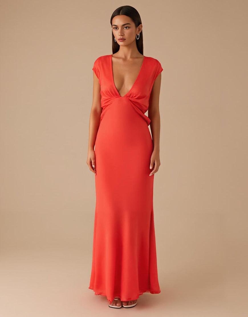 Robe formelle en mousseline de soie orange à col en V