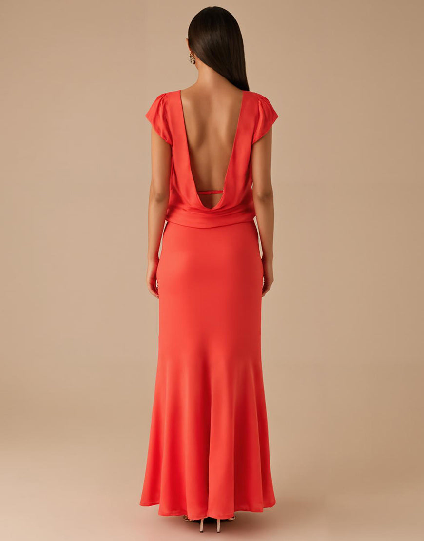 Robe formelle en mousseline de soie orange à col en V