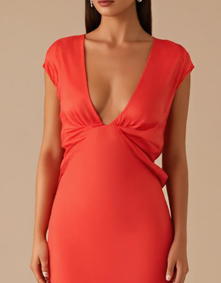 Robe formelle en mousseline de soie orange à col en V