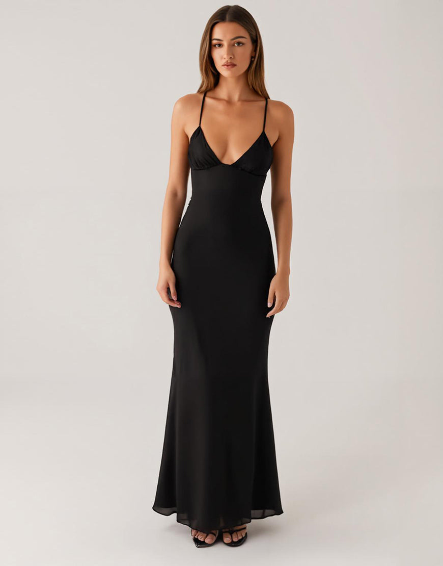 Sirène Spaghetti Straps Dos Nu Robe Cravate Noire
