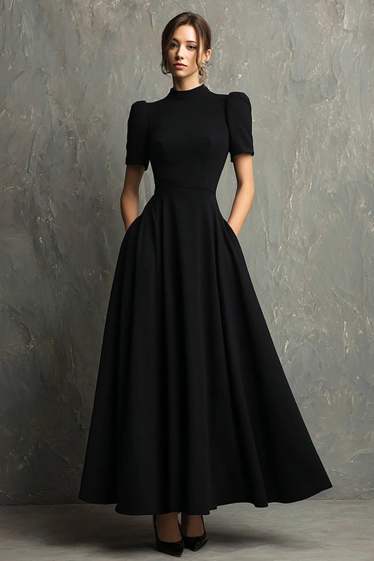Robe longue formelle noire trapèze à col haut