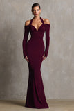 Robe formelle sirène bordeaux dos nu à manches longues