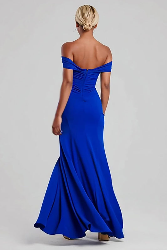 Robe longue formelle bleu royal à épaules dénudées avec fente