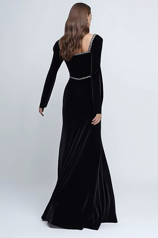 Robe cravate noire à manches longues en velours avec perles