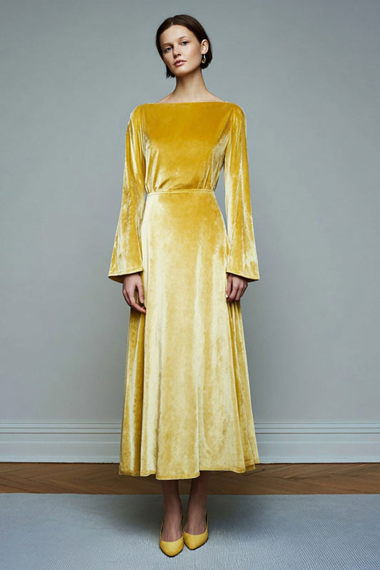 Robe de fête à manches longues en velours a-ligne jaune