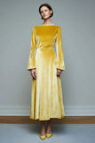 Robe de fête à manches longues en velours a-ligne jaune