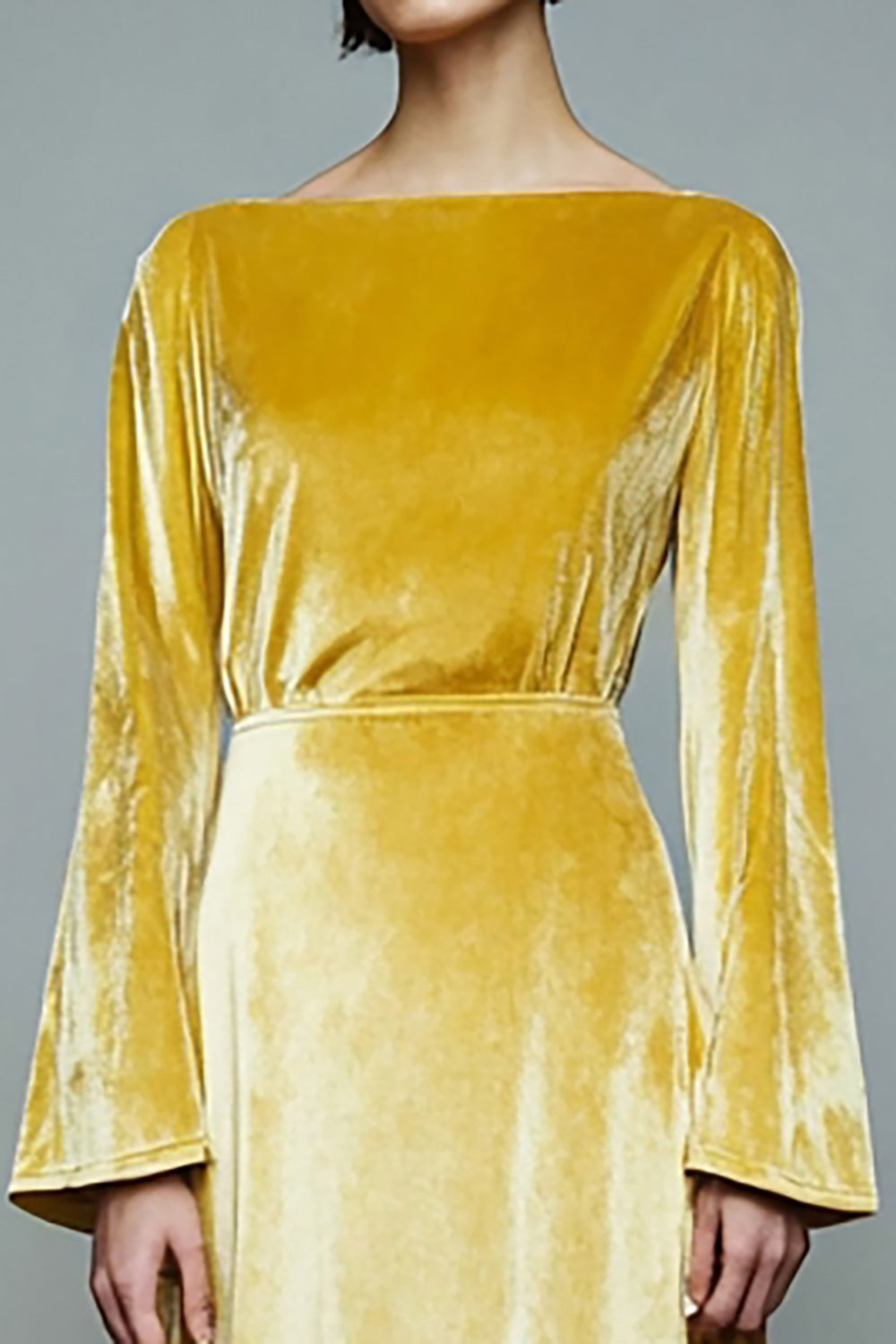 Robe de fête à manches longues en velours a-ligne jaune