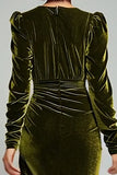 Olive Ruched Sheath Robe formelle en velours à manches longues avec fente