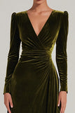 Robe formelle trapèze olive à col en V avec manches longues