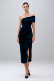 Robe semi-formelle en velours bleu marine à une épaule avec fente