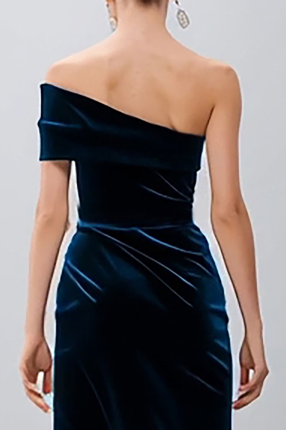 Robe semi-formelle en velours bleu marine à une épaule avec fente