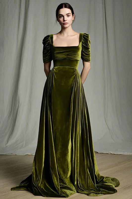 Robe de vacances maxi froncée olive en velours