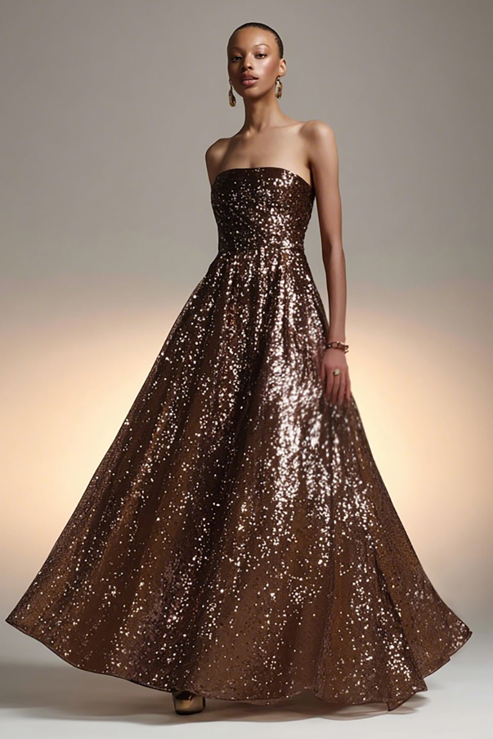 Robe maxi gala trapèze à paillettes marron