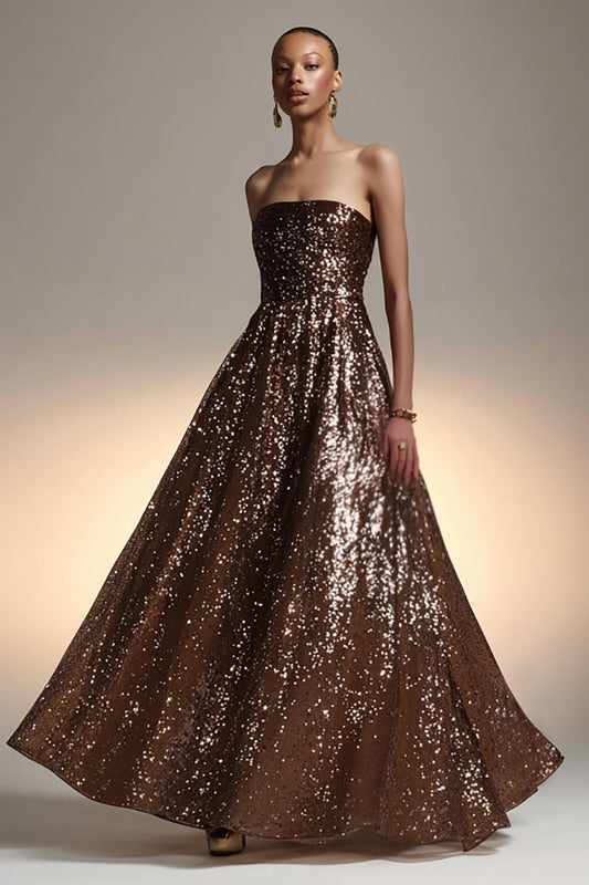 Robe maxi gala trapèze à paillettes marron