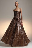 Robe maxi gala trapèze à paillettes marron
