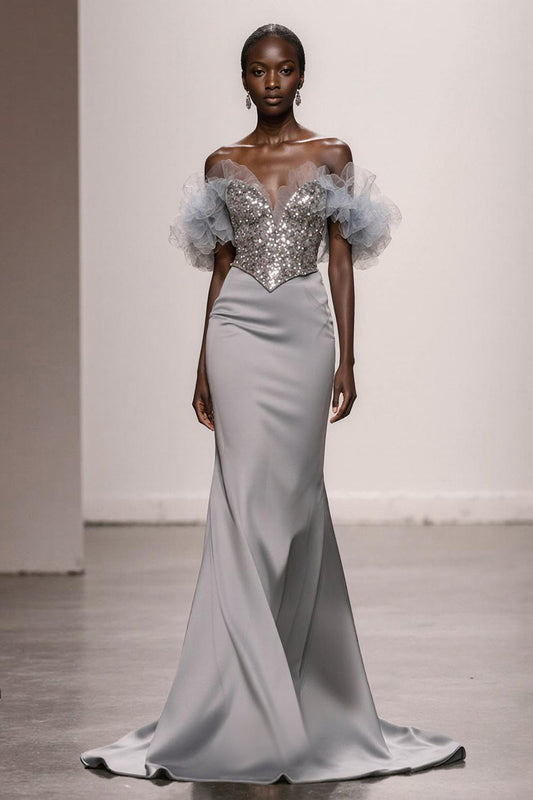 Robe de gala sirène argentée à épaules dénudées avec paillettes