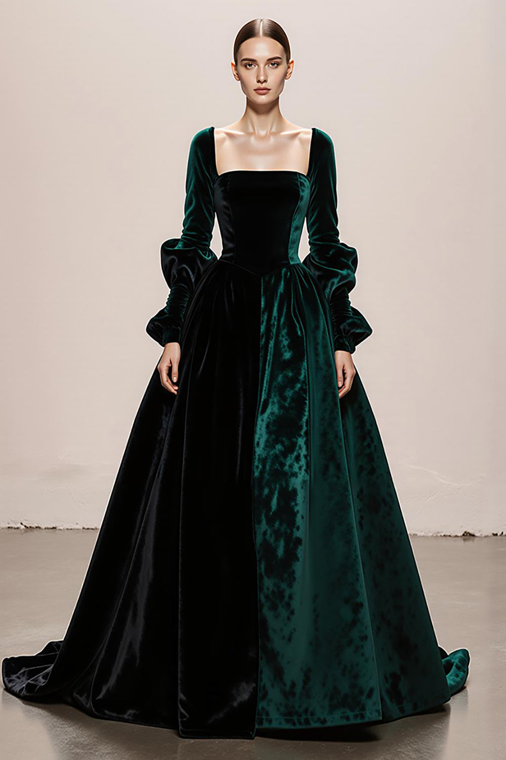 Robe de soirée maxi à manches longues en velours vert foncé