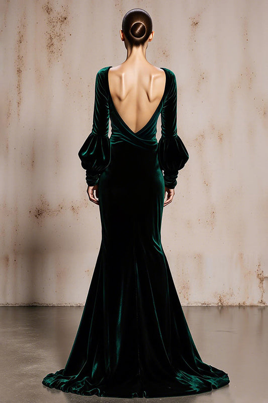 Robe de soirée maxi en velours sirène vert foncé à manches longues