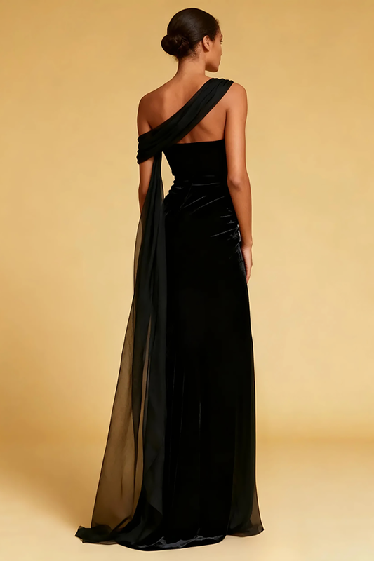 Robe de soirée maxi en velours sirène noire à une épaule avec fente