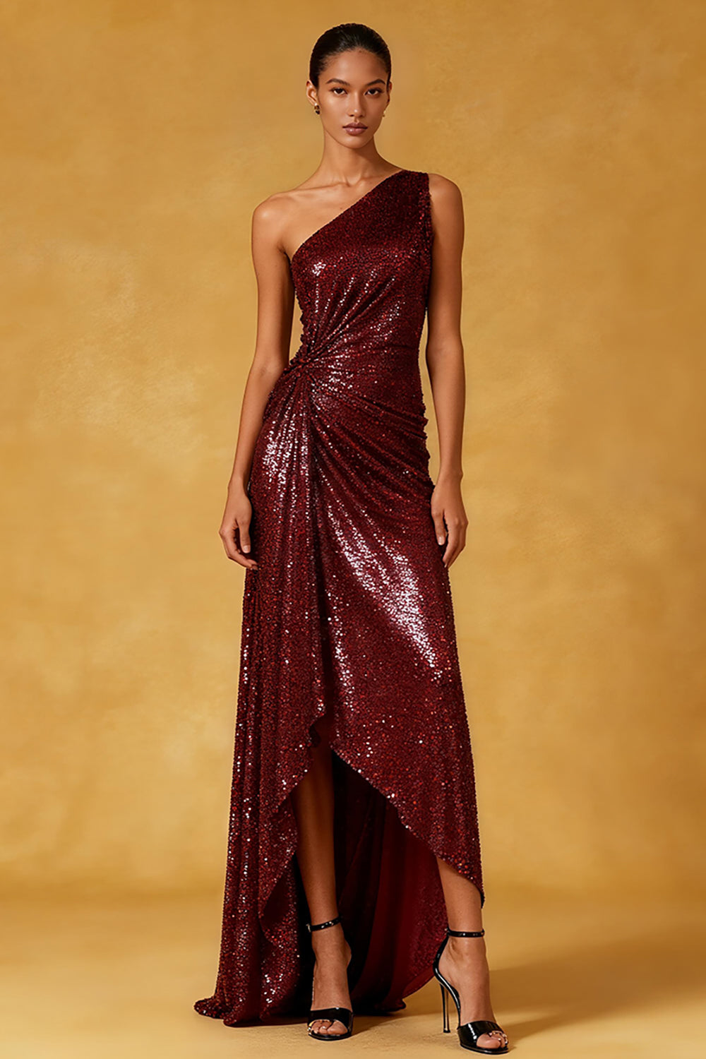 Robe de soirée froncée bordeaux scintillante à une épaule