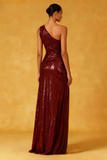 Robe de soirée froncée bordeaux scintillante à une épaule