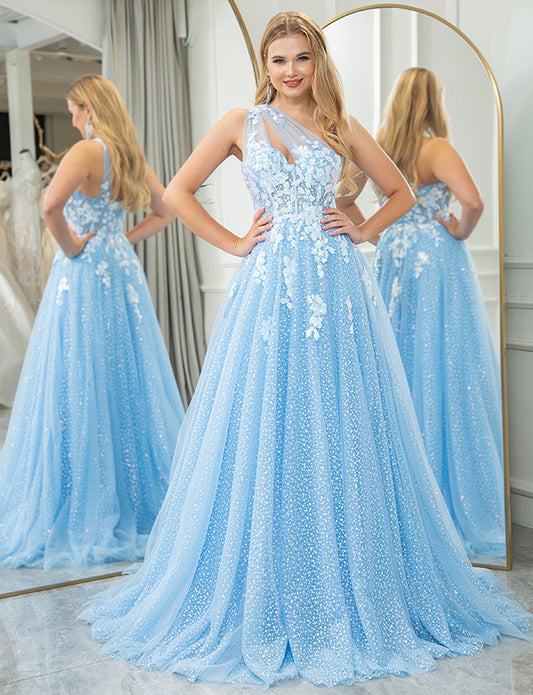 Robe de soirée longue et asymétrique en ligne bleu ciel avec appliques