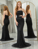 Robe de soirée noire sirène pailletée avec bretelles spaghetti