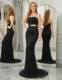 Robe de soirée noire sirène pailletée avec bretelles spaghetti
