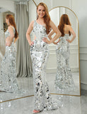 Robe de soirée longue et asymétrique en sirène argentée scintillante