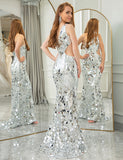Robe de soirée longue et asymétrique en sirène argentée scintillante