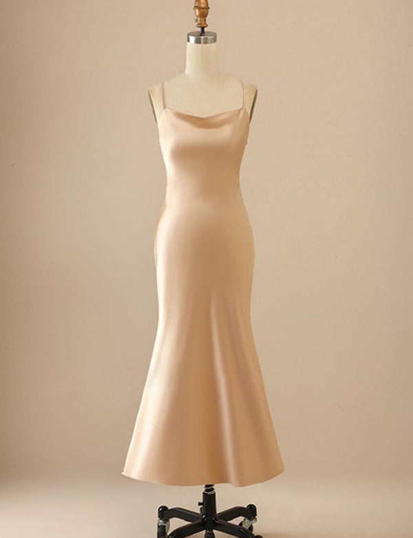 Robe longue de demoiselle d'honneur sirène champagne plage