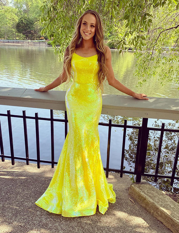 Bodycon Longs bretelles spaghetti dos nu Jaune Robe de bal de fin d'année