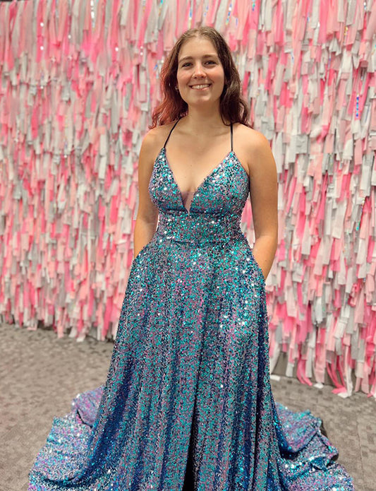 Robe de soirée bleue étincelante avec poches