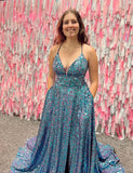 Robe de soirée bleue étincelante avec poches