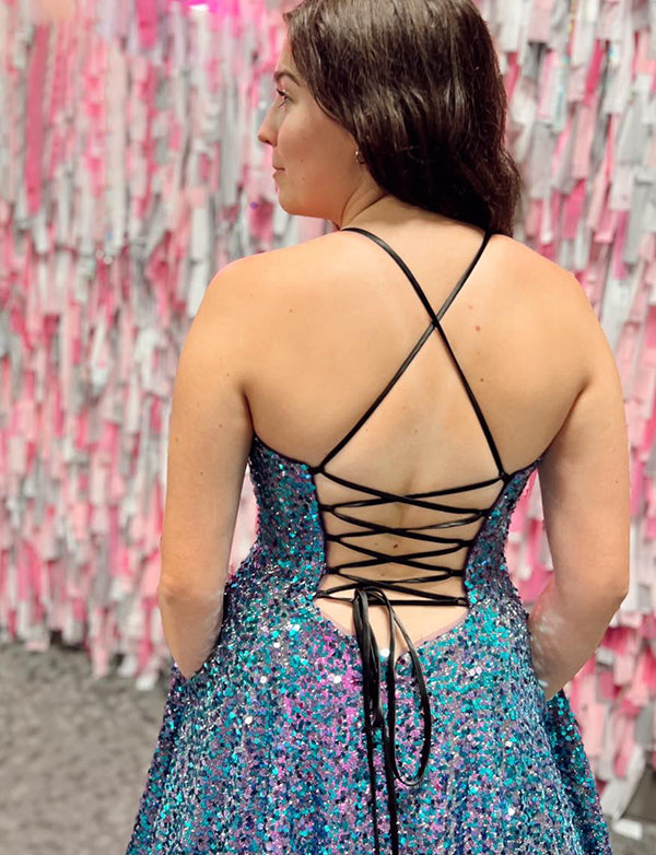 Robe de soirée bleue étincelante avec poches