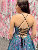Robe de soirée bleue étincelante avec poches