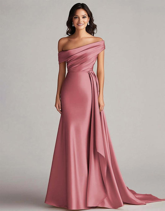 Robe de bal longue plissée à une épaule, en style sirène améthyste avec train chapelle