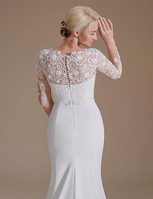 Blanc Sirène Manches Longues Balayage Train Robe de mariée avec dentelle