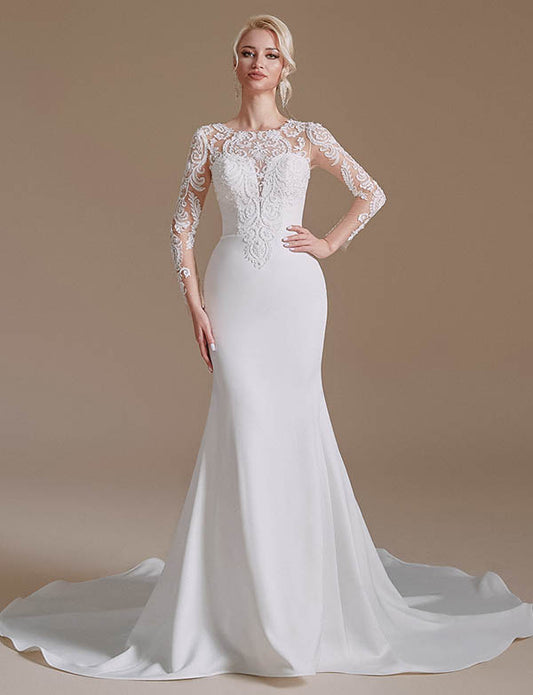 Blanc Sirène Manches Longues Balayage Train Robe de mariée avec dentelle