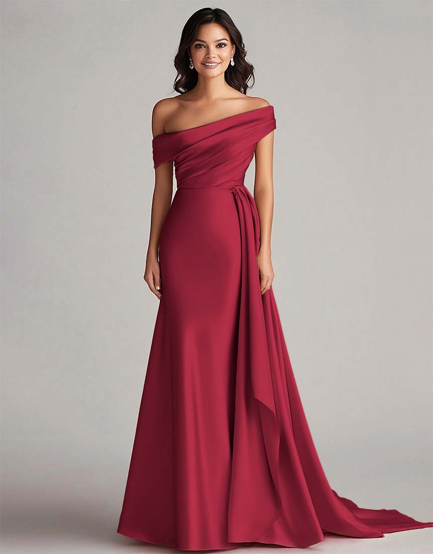 Robe de bal longue plissée à une épaule, en style sirène améthyste avec train chapelle