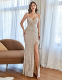Robe de bal de fin d'année en paillettes, sirène, champagne, avec fente